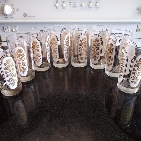 vintage 60s frosted floral highball glass x8 set - Picture 1 of 9